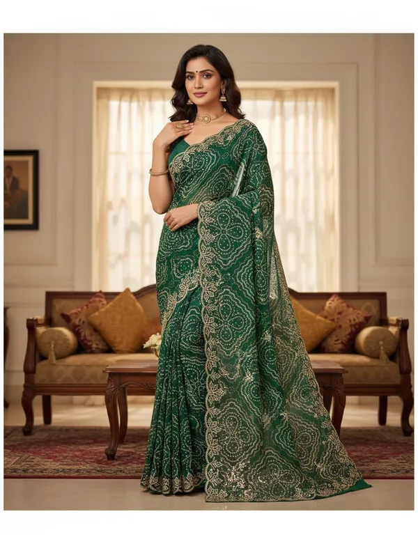 Green_Georgette_Bandhani_Saree_With_Golden_Embellished_Border