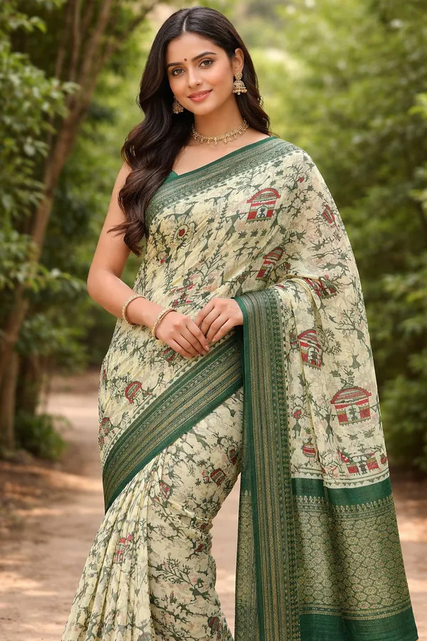 Cream_Elegant_Floral_Printed_Saree_With_Green_Border_And_Pallu