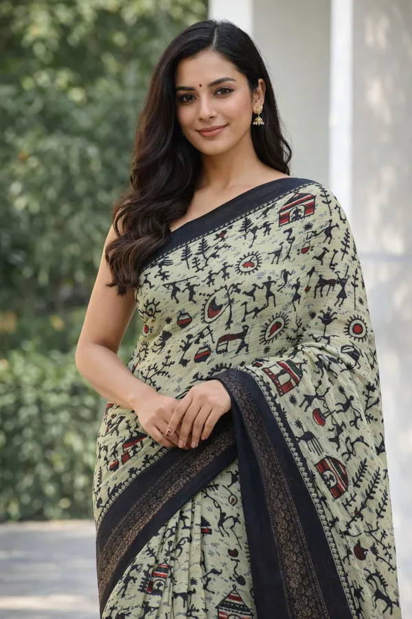 Light_Olive_Green_Ethnic_Printed_Saree_With_Warli_Art_Design_And_Black_Border
