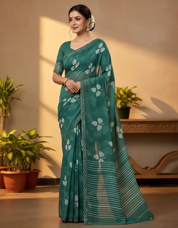 Green_Elegant_Floral_Organza_Saree_With_Embellished_Border