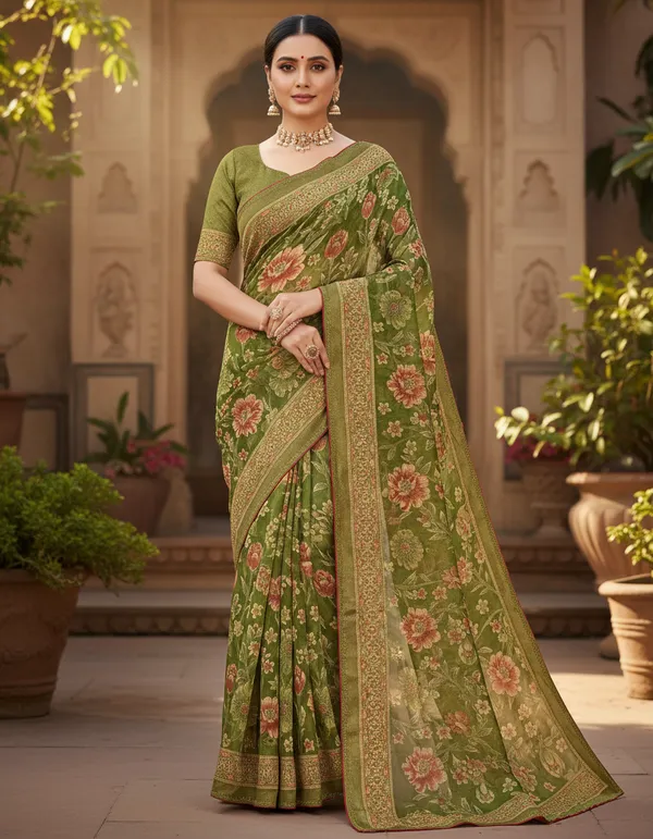 Green_Elegant_Floral_Saree_With_Golden_Border_And_Embroidered_Blouse