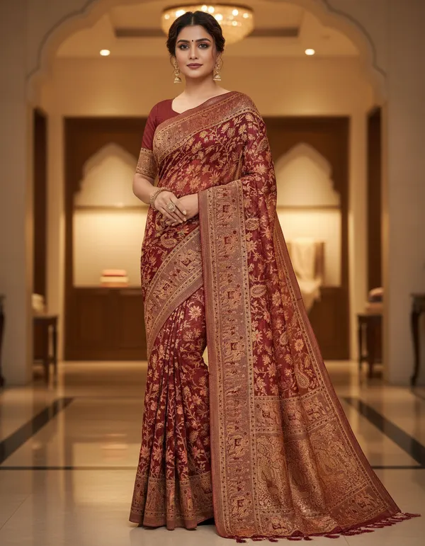 Maroon_Banarasi_Silk_Saree_With_Golden_Zari_Work