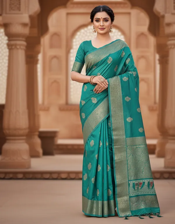 Teal_Green_Banarasi_Silk_Saree_With_Golden_Zari_Work