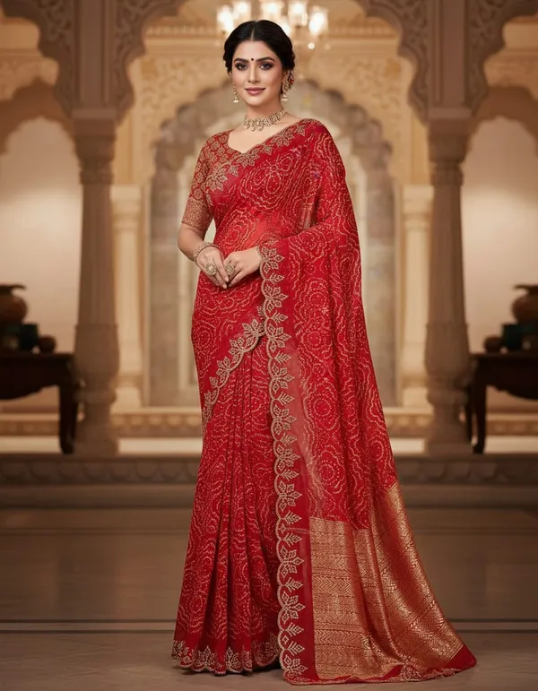 Red_Bandhani_Saree_With_Golden_Border_And_Embroidered_Blouse