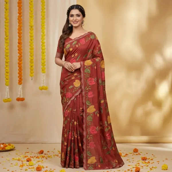 Rust_Floral_Print_Silk_Blend_Saree_With_Matching_Blouse