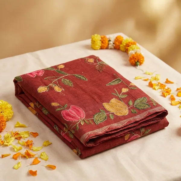 Rust_Floral_Print_Silk_Blend_Saree_With_Matching_Blouse