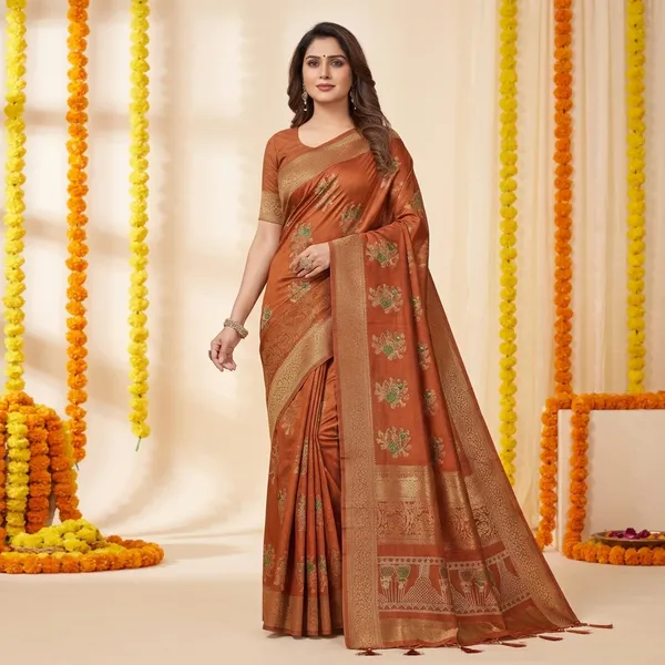 Orange_Banarasi_Silk_Saree_With_Golden_Zari_Work