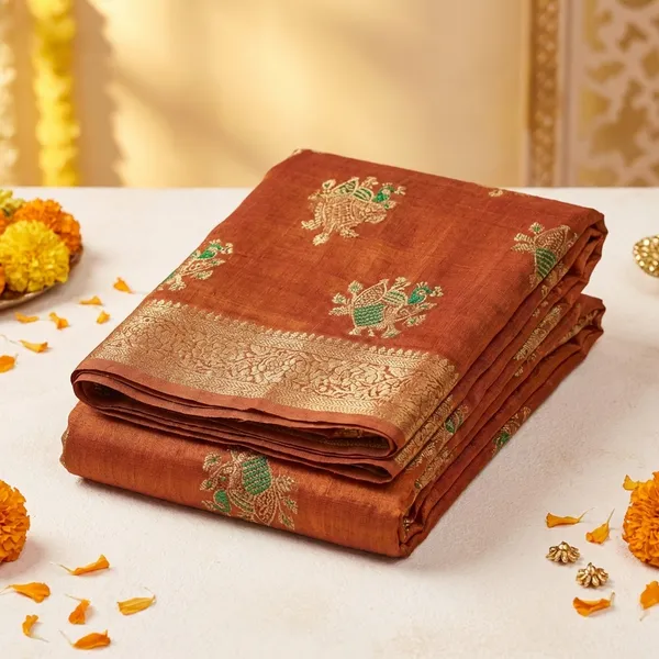 Orange_Banarasi_Silk_Saree_With_Golden_Zari_Work