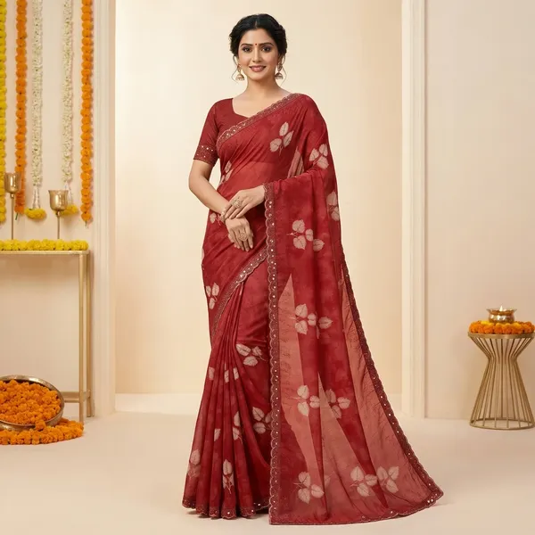 Red_Elegant_Floral_Embroidered_Saree_With_Embellished_Border