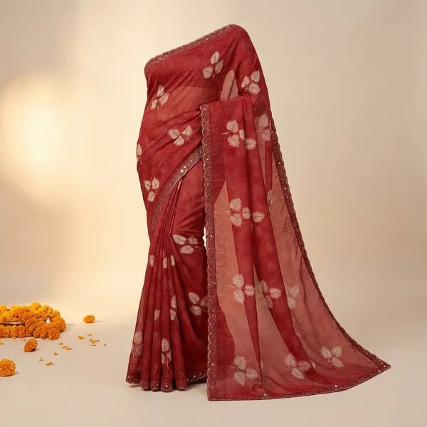 Red_Elegant_Floral_Embroidered_Saree_With_Embellished_Border