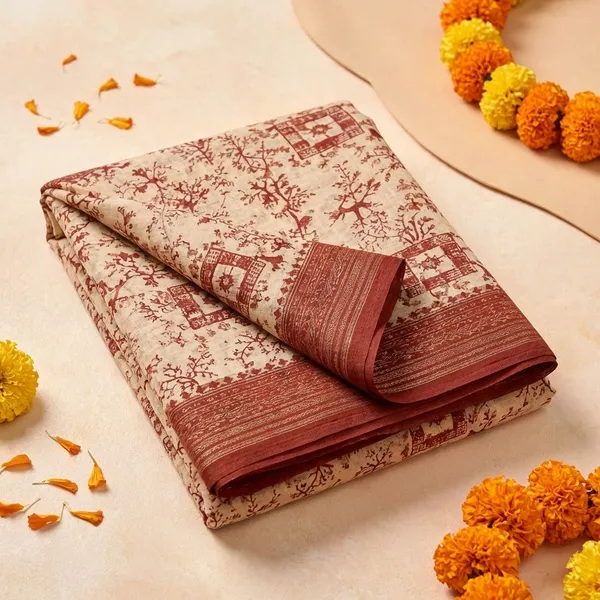 Beige_And_Rust_Elegant_Floral_Printed_Saree_With_Traditional_Border