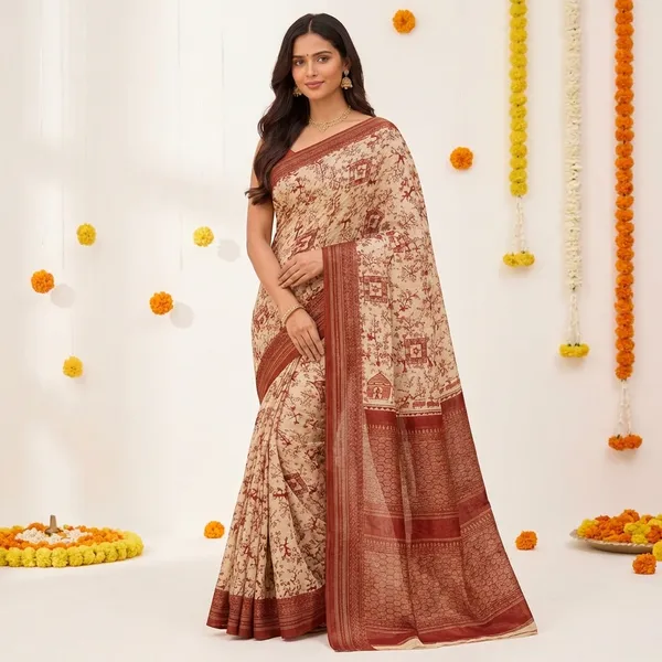 Beige_And_Rust_Elegant_Floral_Printed_Saree_With_Traditional_Border