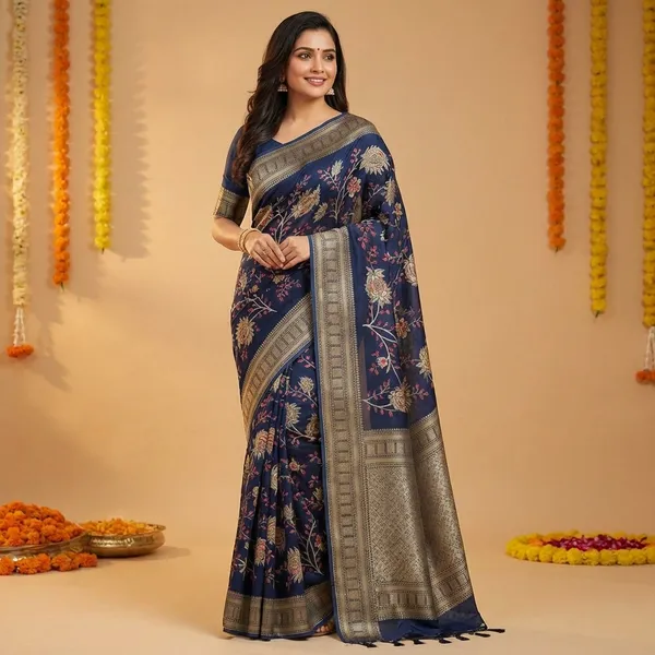 Navy_Blue_Banarasi_Silk_Saree_With_Floral_Zari_Work_And_Golden_Border