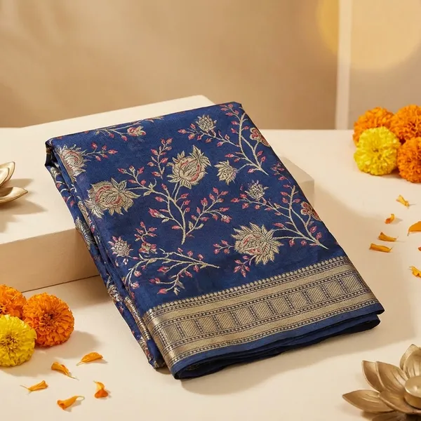 Navy_Blue_Banarasi_Silk_Saree_With_Floral_Zari_Work_And_Golden_Border