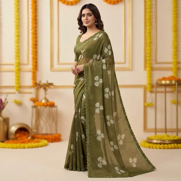 Olive_Green_Floral_Print_Saree_With_Embellished_Border