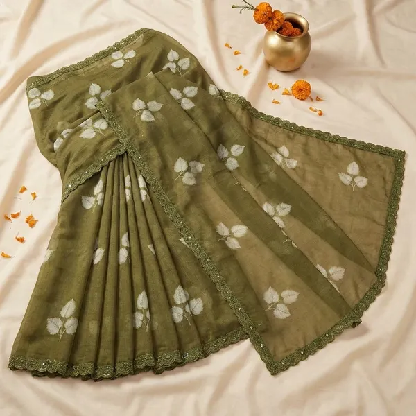 Olive_Green_Floral_Print_Saree_With_Embellished_Border