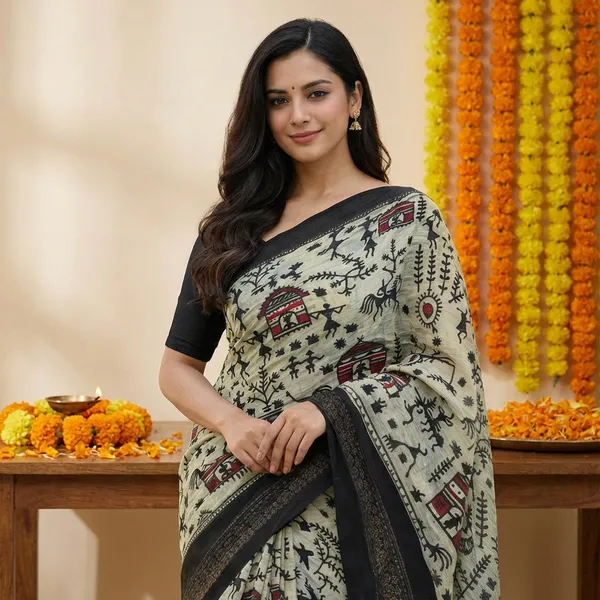 Beige_Warli_Print_Saree_With_Black_Border_-_Traditional_Indian_Ethnic_Wear