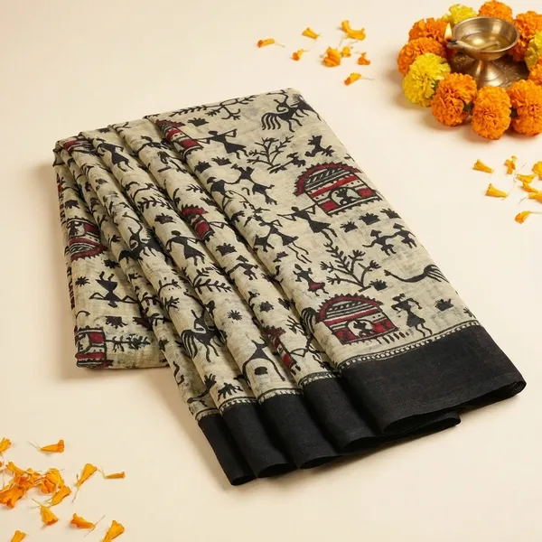 Beige_Warli_Print_Saree_With_Black_Border_-_Traditional_Indian_Ethnic_Wear