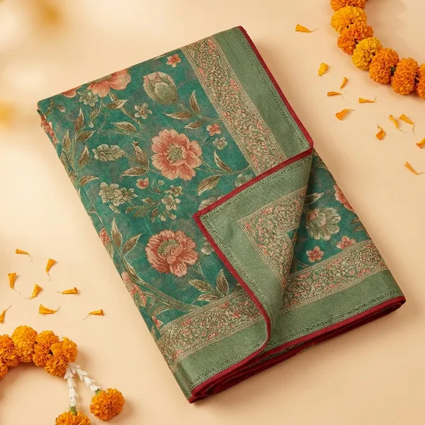 Green_Floral_Print_Saree_With_Golden_Border