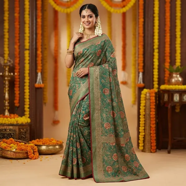 Green_Floral_Print_Saree_With_Golden_Border