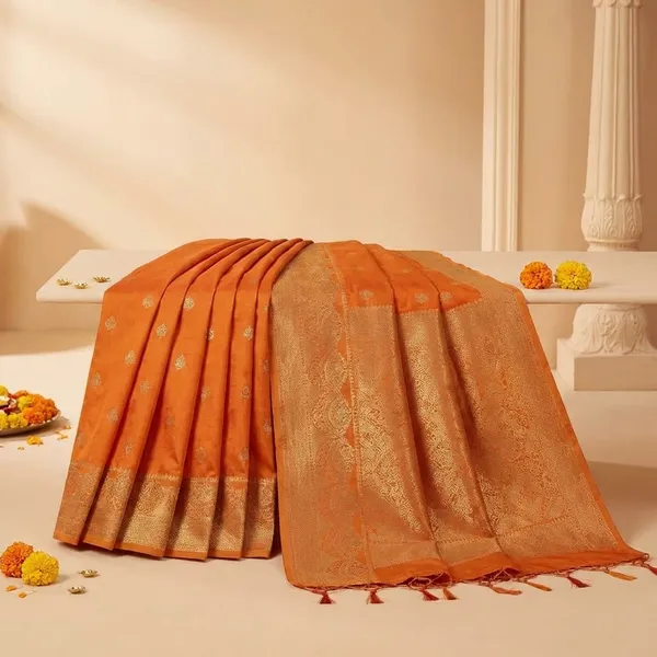 Orange_Banarasi_Silk_Saree_With_Golden_Zari_Border