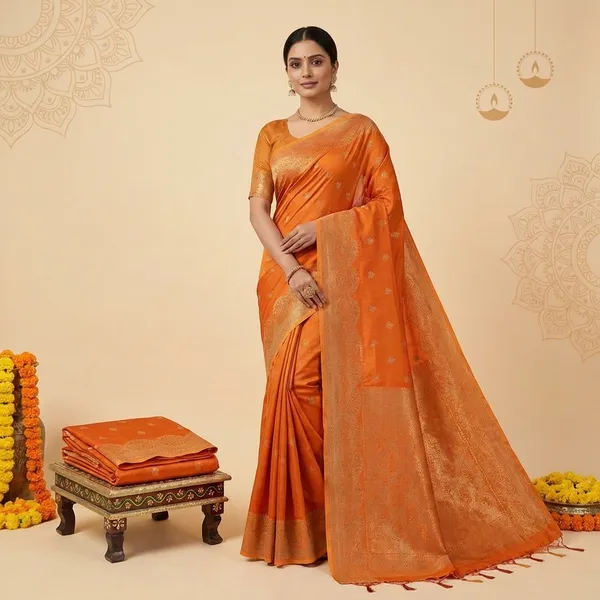 Orange_Banarasi_Silk_Saree_With_Golden_Zari_Border