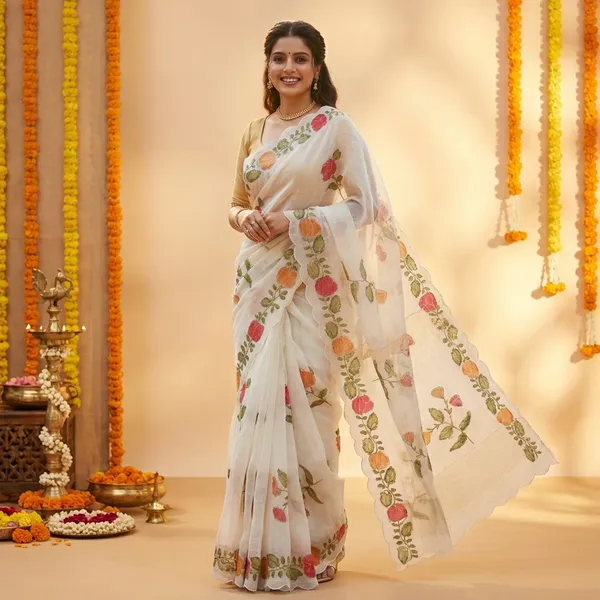 White_Elegant_Floral_Embroidered_Saree_With_Golden_Border