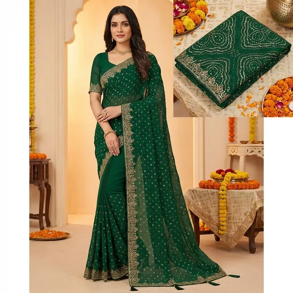 Green_Georgette_Bandhani_Saree_With_Golden_Embellished_Border