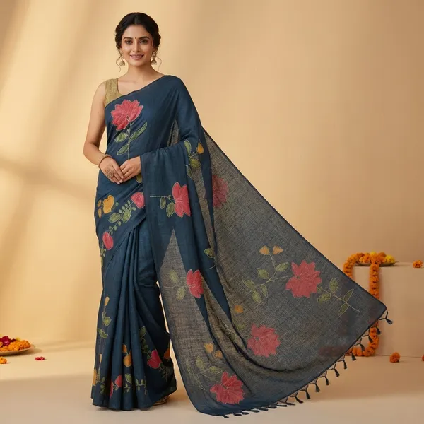Elegant_Floral_Embroidered_Saree_-_Dark_Teal_Blue_With_Multicolor_Flowers