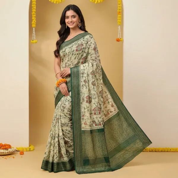 Cream_Elegant_Floral_Printed_Saree_With_Green_Border_And_Pallu