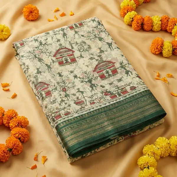 Cream_Elegant_Floral_Printed_Saree_With_Green_Border_And_Pallu