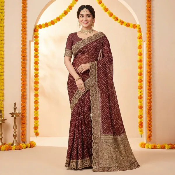Maroon_Bandhani_Saree_With_Golden_Embroidered_Border_And_Matching_Blouse