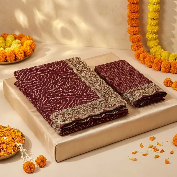 Maroon_Bandhani_Saree_With_Golden_Embroidered_Border_And_Matching_Blouse