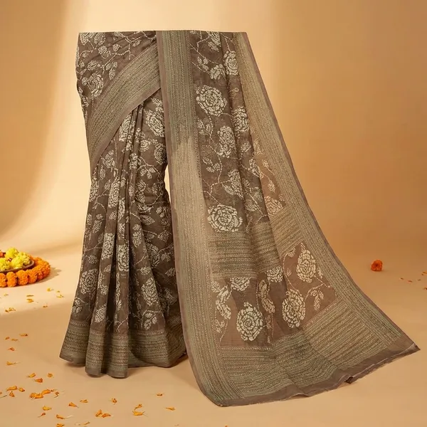 Olive_Green_Floral_Printed_Saree_With_Golden_Accents