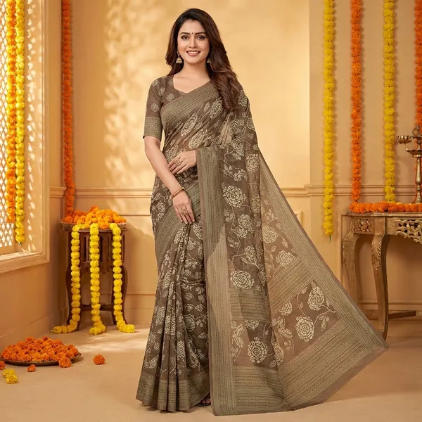 Olive_Green_Floral_Printed_Saree_With_Golden_Accents