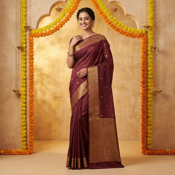 Maroon_Silk_Saree_With_Golden_Zari_Border_And_Pallu