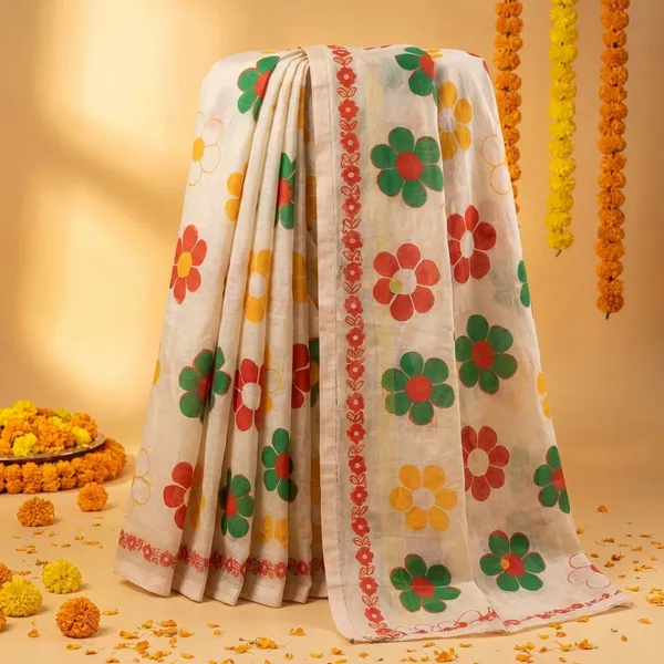 Cream_Floral_Print_Saree_With_Red_Border_-_Traditional_Indian_Ethnic_Wear