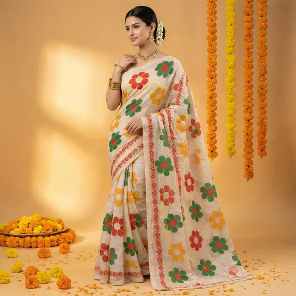 Cream_Floral_Print_Saree_With_Red_Border_-_Traditional_Indian_Ethnic_Wear