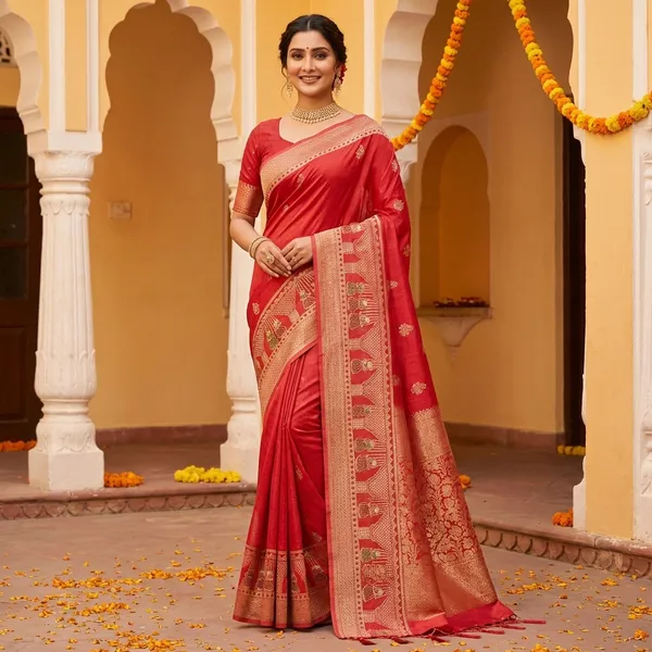 Red_Traditional_Banarasi_Silk_Saree_With_Golden_Zari_Border