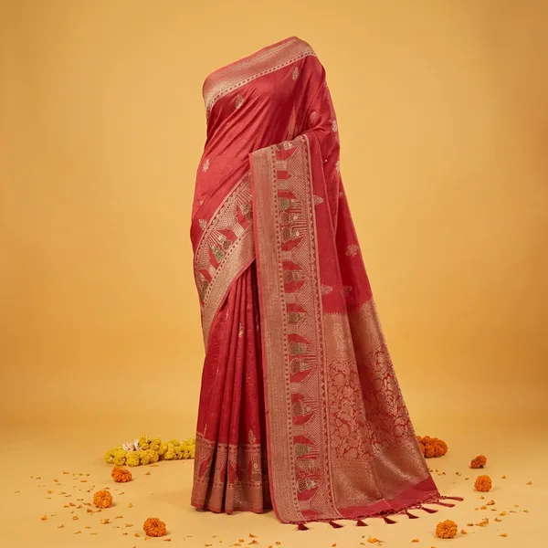 Red_Traditional_Banarasi_Silk_Saree_With_Golden_Zari_Border