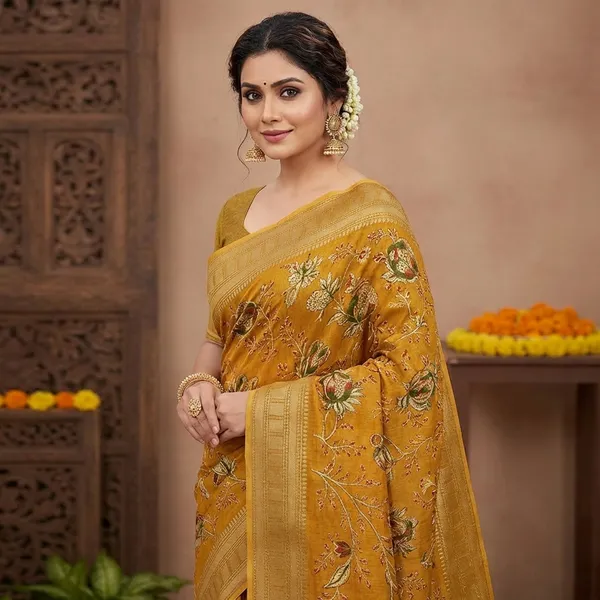 Mustard_Yellow_Silk_Saree_With_Floral_Embroidery_And_Golden_Border