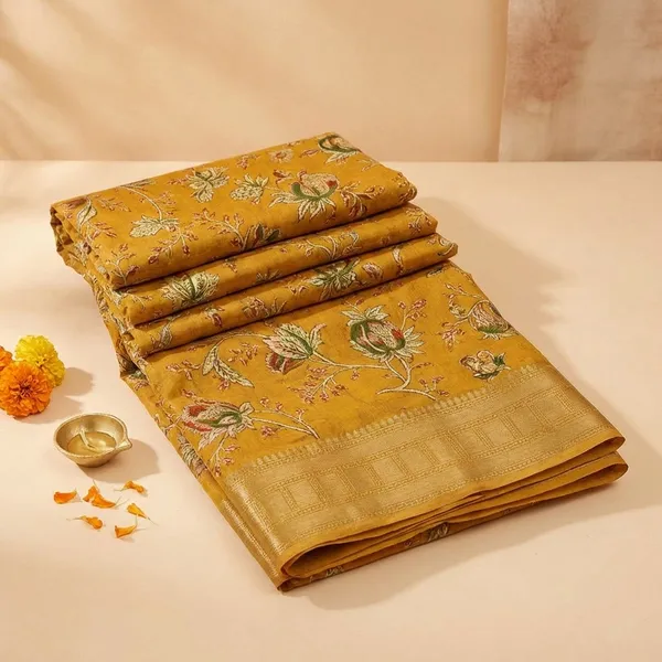Mustard_Yellow_Silk_Saree_With_Floral_Embroidery_And_Golden_Border