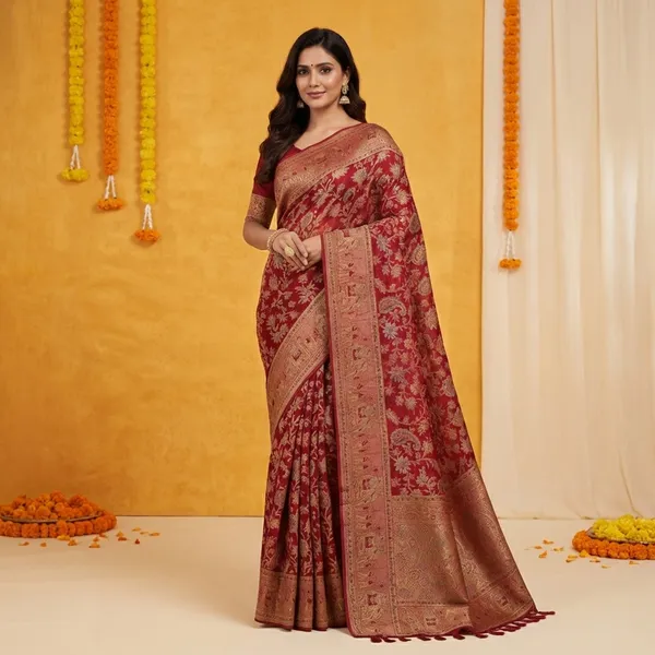 Red_Banarasi_Silk_Saree_With_Golden_Zari_Work