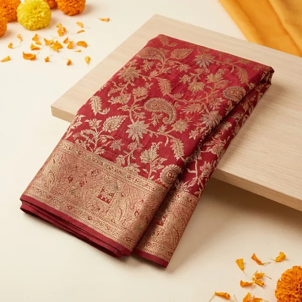 Red_Banarasi_Silk_Saree_With_Golden_Zari_Work
