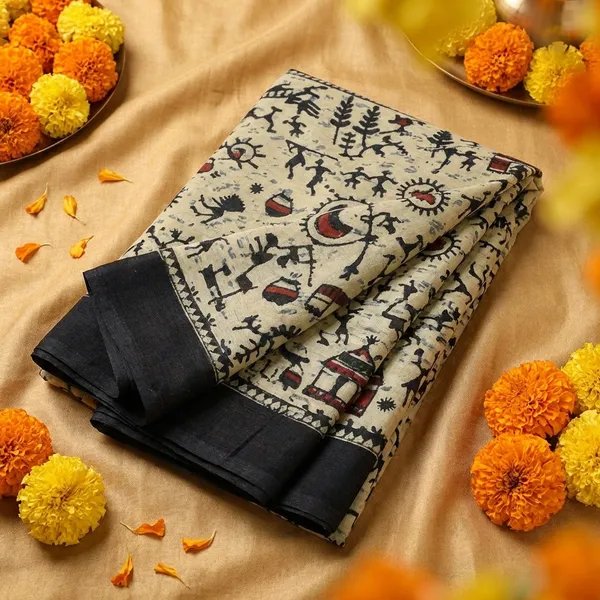 Light_Olive_Green_Ethnic_Printed_Saree_With_Warli_Art_Design_And_Black_Border