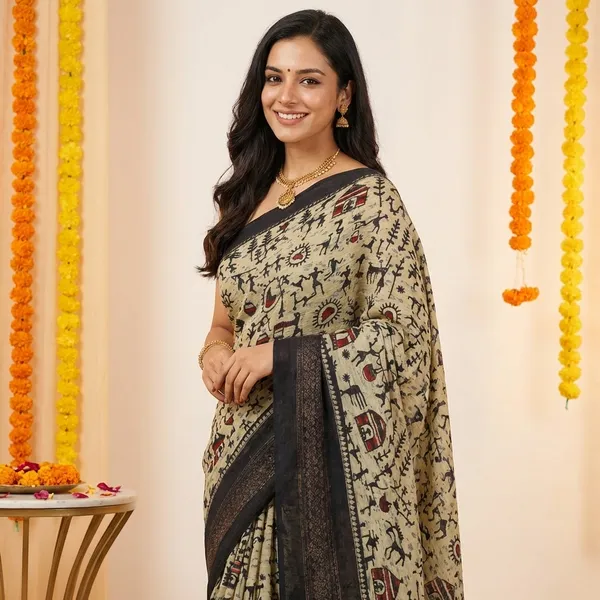 Light_Olive_Green_Ethnic_Printed_Saree_With_Warli_Art_Design_And_Black_Border
