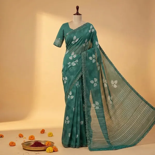 Green_Elegant_Floral_Organza_Saree_With_Embellished_Border
