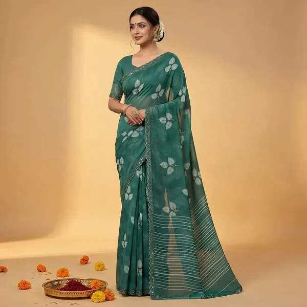Green_Elegant_Floral_Organza_Saree_With_Embellished_Border
