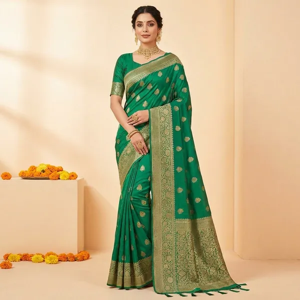 Green_Silk_Banarasi_Saree_With_Golden_Zari_Work