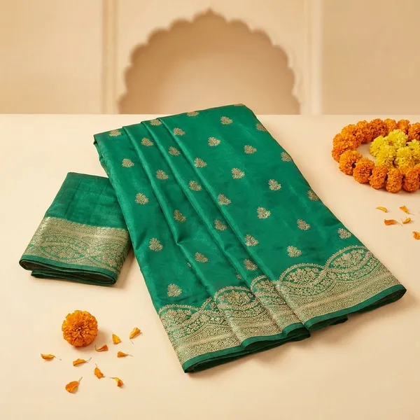 Green_Silk_Banarasi_Saree_With_Golden_Zari_Work
